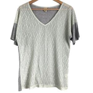 BKE Womens L Lace Front V Neck TShirt Short Sleeve Relaxed Fit Gray White Comfy